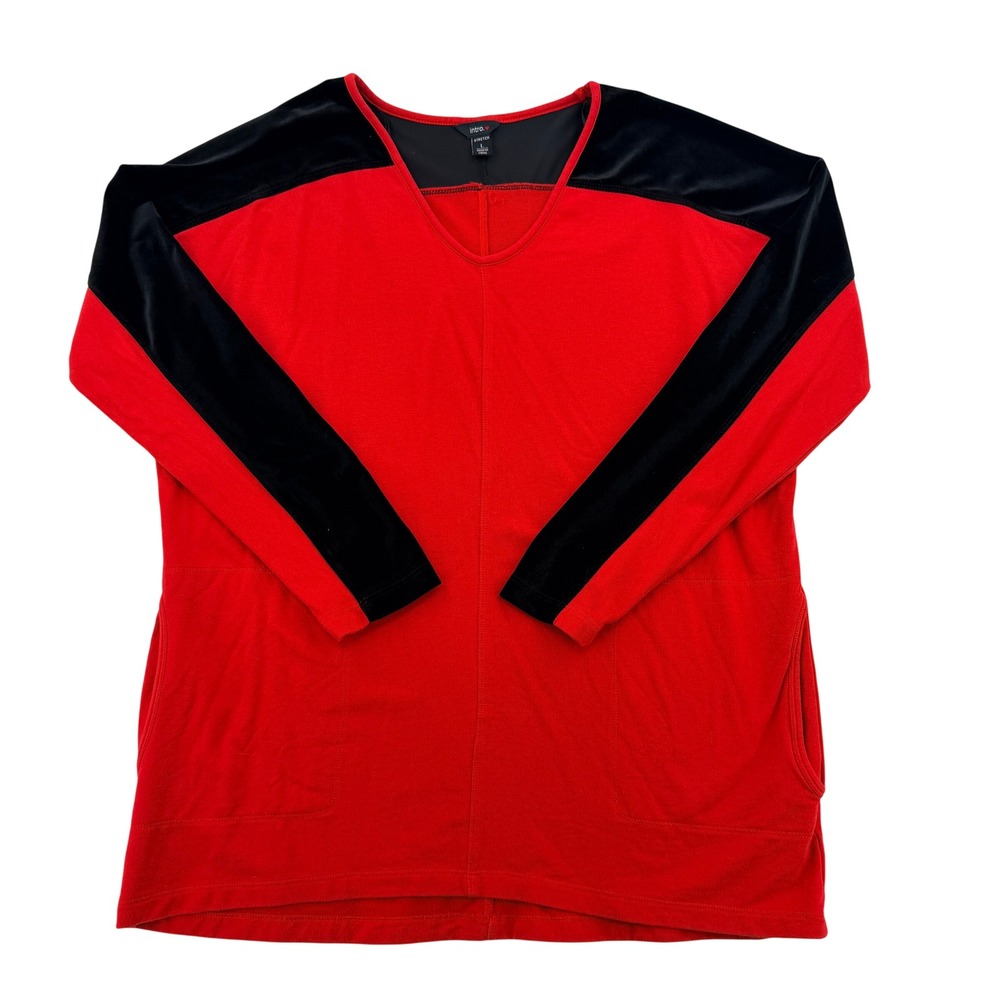 Intro Women Red Black Color Block V-Neck Tunic Top Velvet Trim Pockets Large
